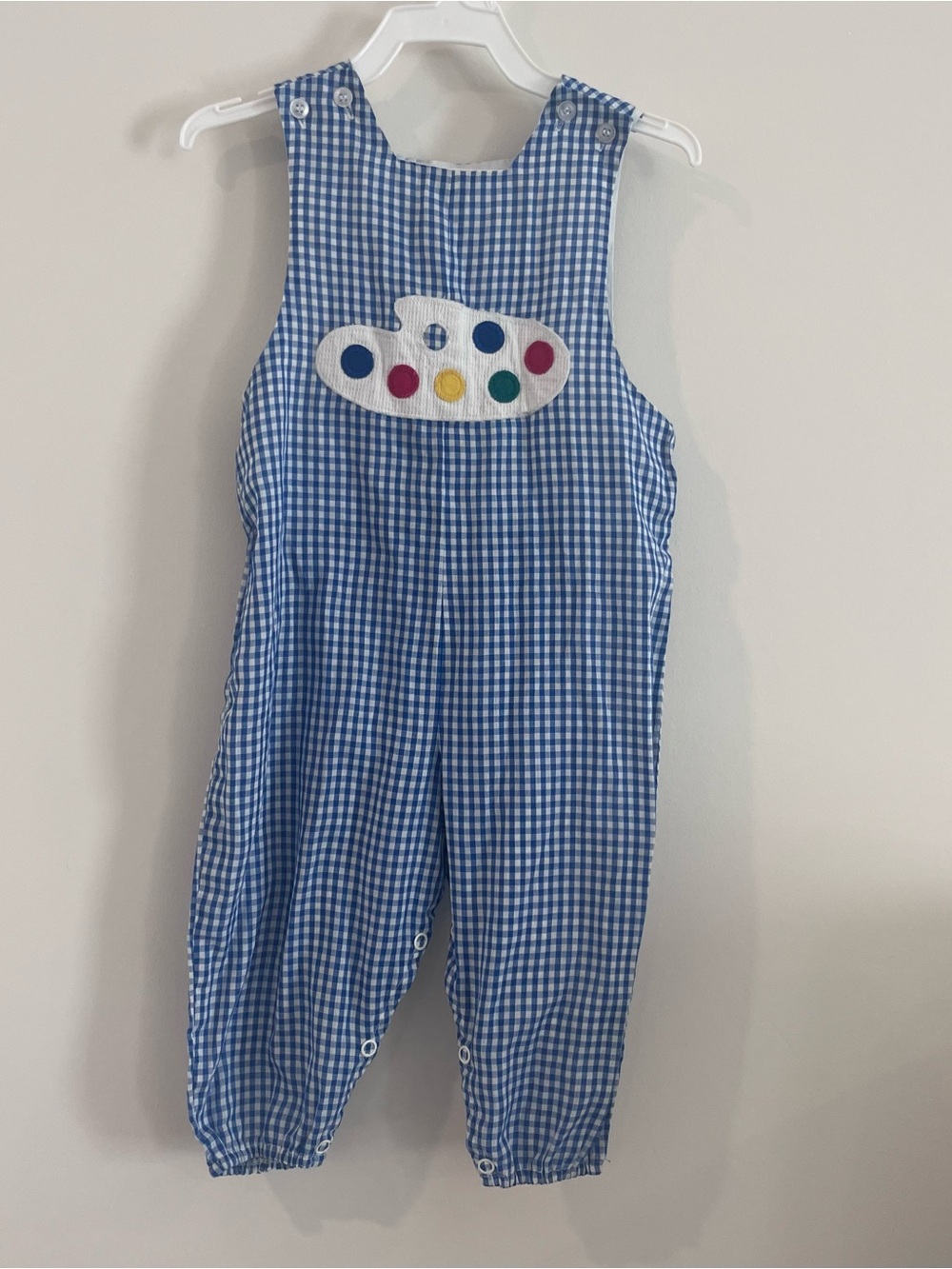 The Bailey Boys Blue And White Check Baby Boy Overalls With Paint Appliqué 18m